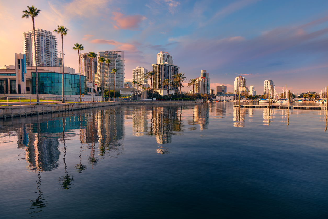 Downtown St. Pete’s waterfront skyline sets the scene for luxury condo living at its finest.